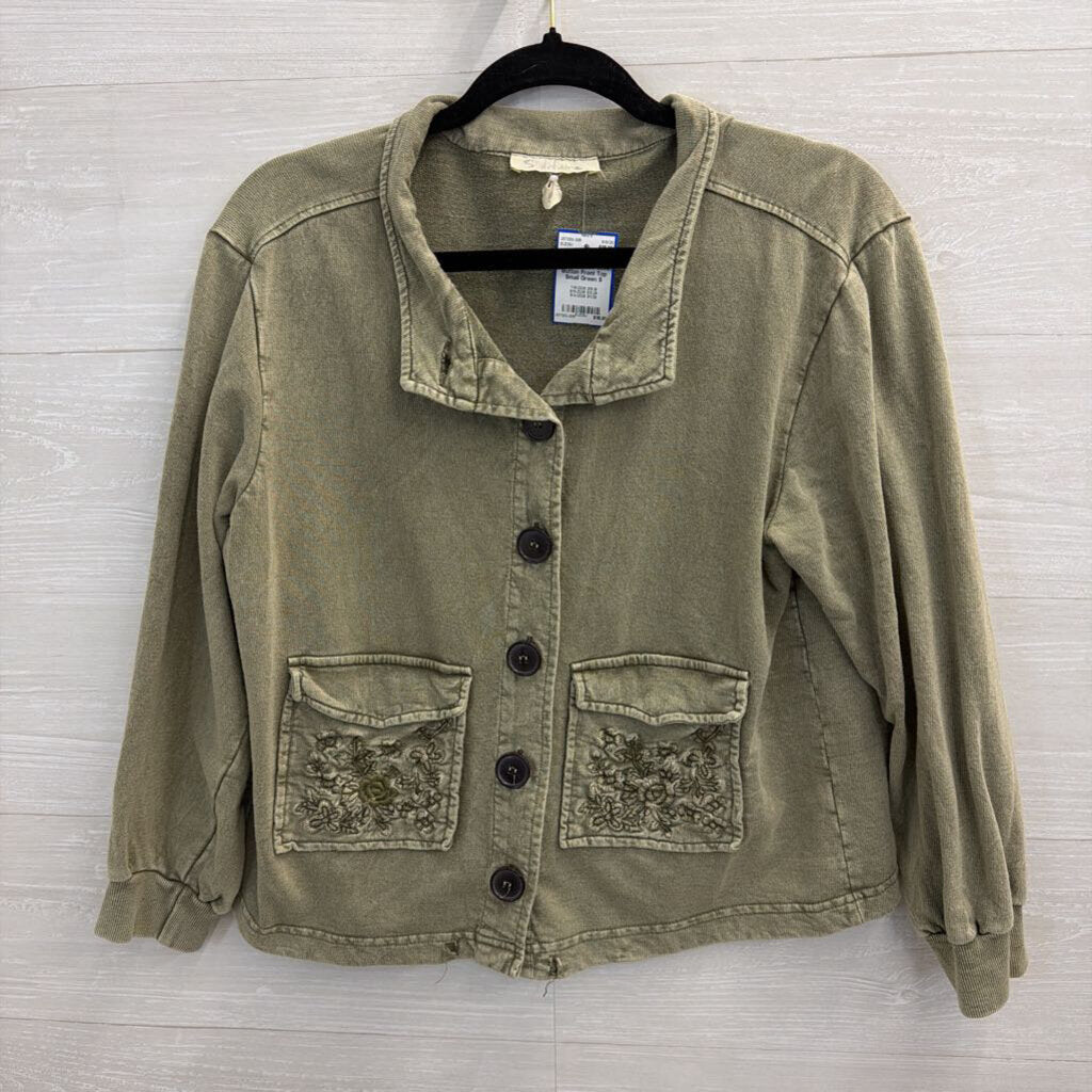 Solitaire Green Long Sleeve Front Pocket Button Front Top Small