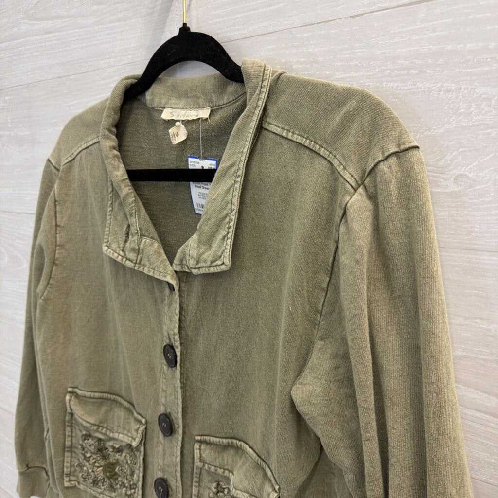 Solitaire Green Long Sleeve Front Pocket Button Front Top Small