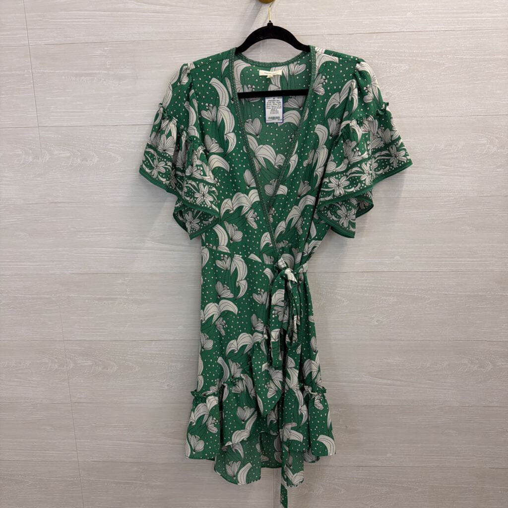Max Studio Green/ White Print Short Sleeve Wrap Dress Small