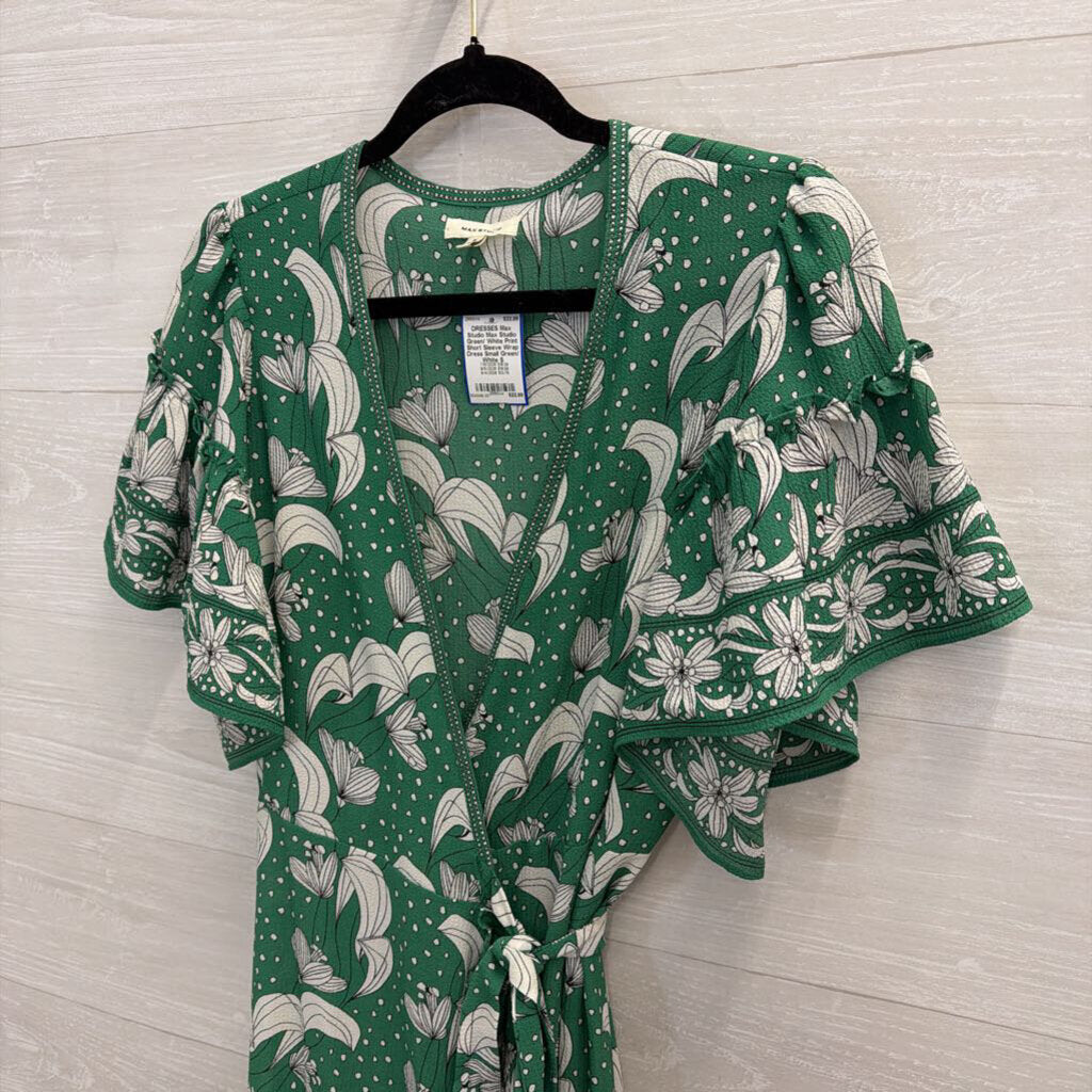 Max Studio Green/ White Print Short Sleeve Wrap Dress Small