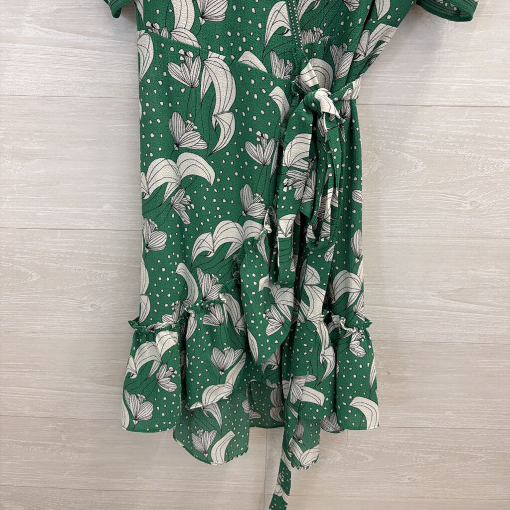 Max Studio Green/ White Print Short Sleeve Wrap Dress Small