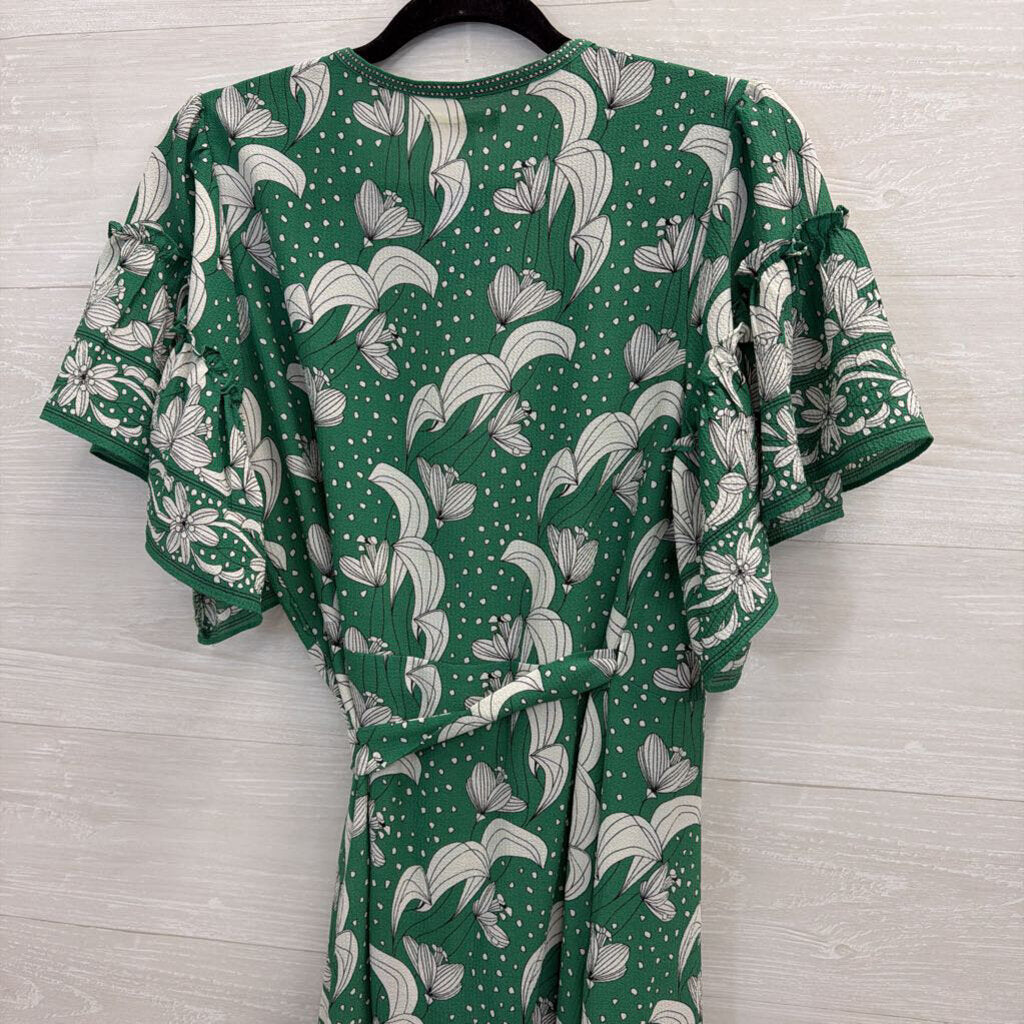 Max Studio Green/ White Print Short Sleeve Wrap Dress Small