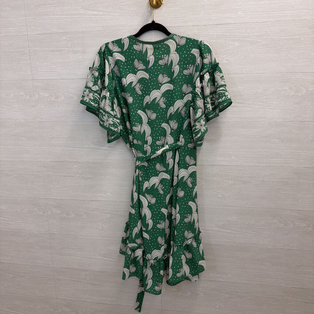 Max Studio Green/ White Print Short Sleeve Wrap Dress Small