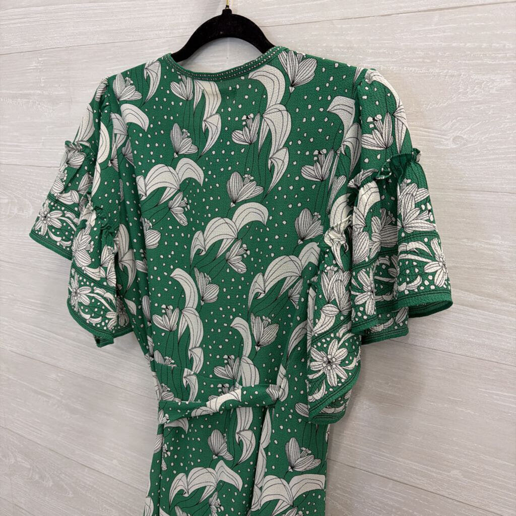 Max Studio Green/ White Print Short Sleeve Wrap Dress Small
