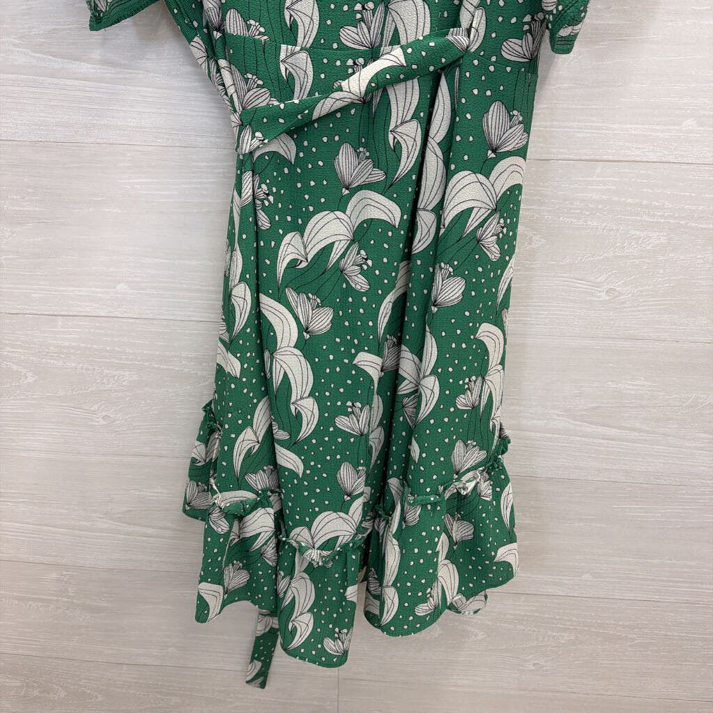 Max Studio Green/ White Print Short Sleeve Wrap Dress Small