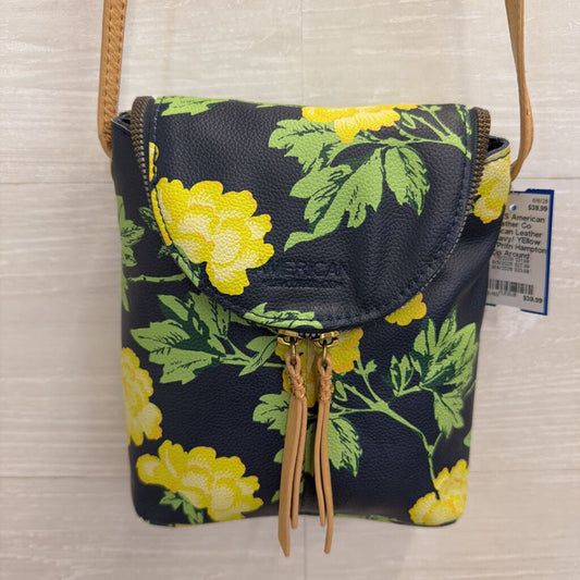 American Leather Co Navy/ YEllow Floral Pritn Hampton Zip Around Crossbody Purse