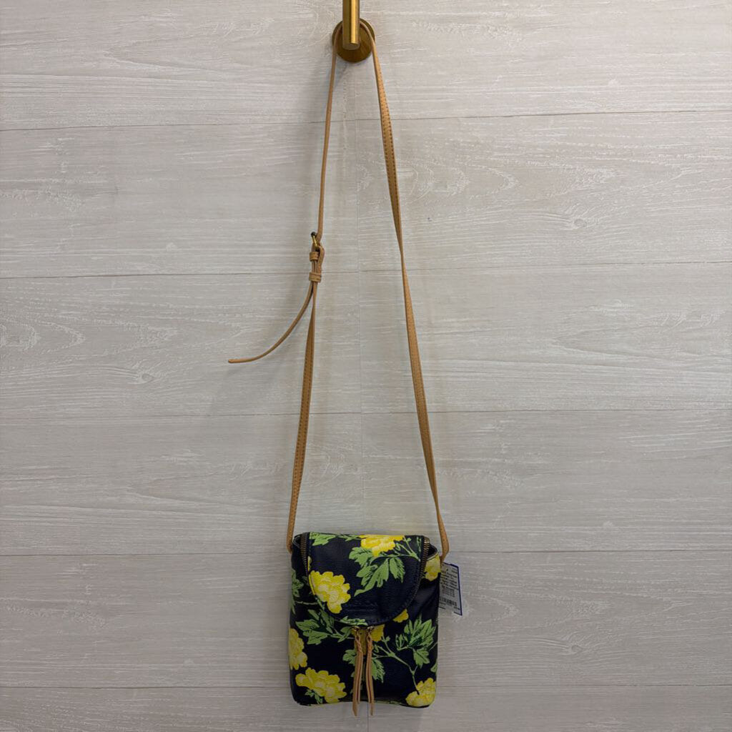 American Leather Co Navy/ Yellow Floral Print Hampton Zip Around Crossbody Purse