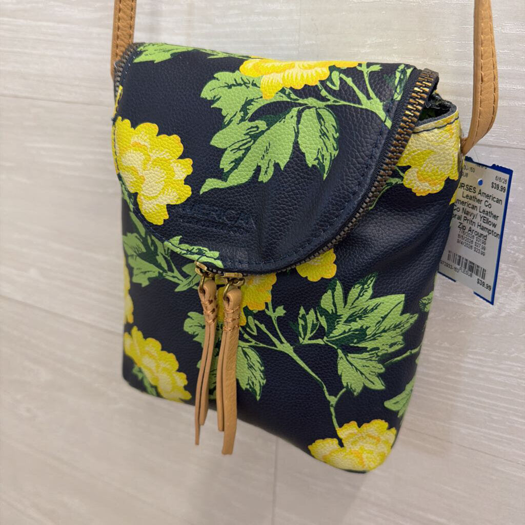 American Leather Co Navy/ Yellow Floral Print Hampton Zip Around Crossbody Purse