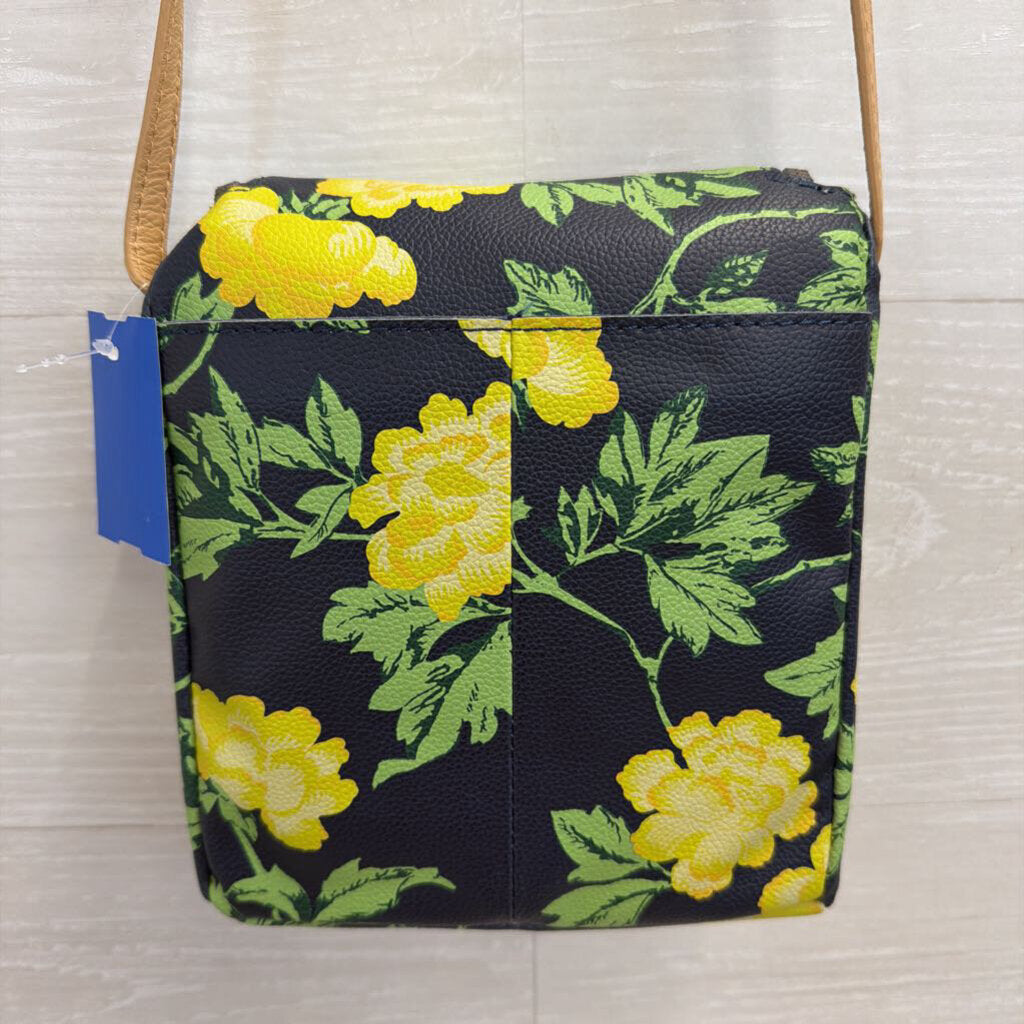American Leather Co Navy/ Yellow Floral Print Hampton Zip Around Crossbody Purse