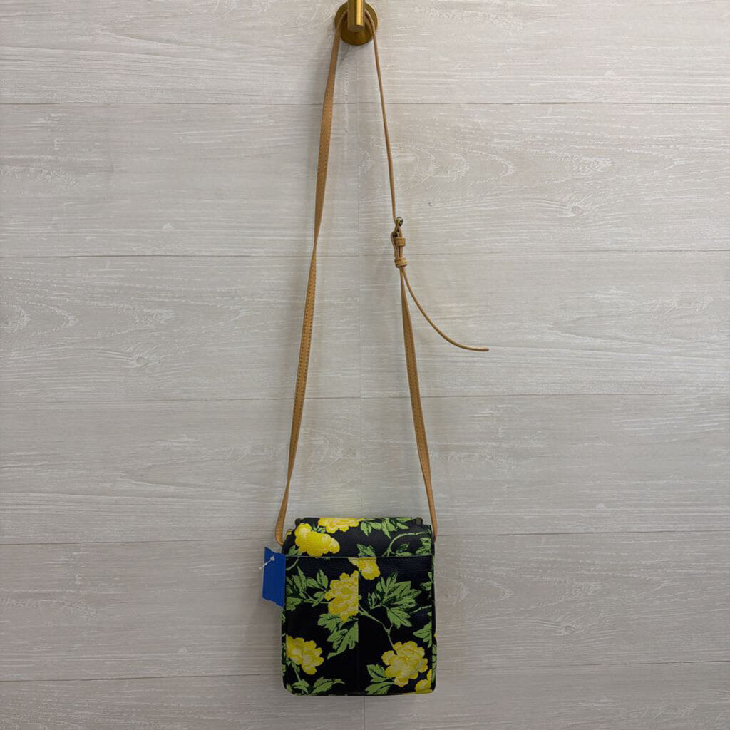 American Leather Co Navy/ YEllow Floral Pritn Hampton Zip Around Crossbody Purse