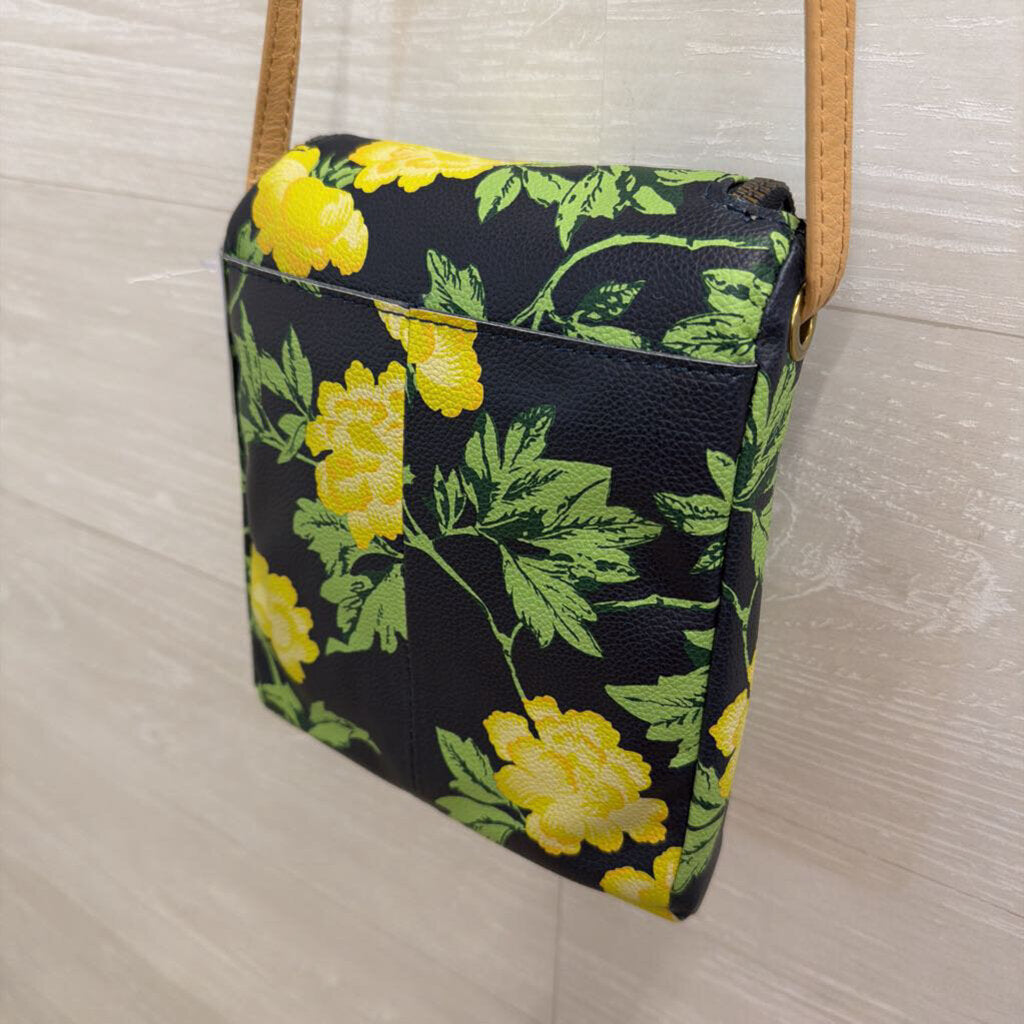 American Leather Co Navy/ YEllow Floral Pritn Hampton Zip Around Crossbody Purse