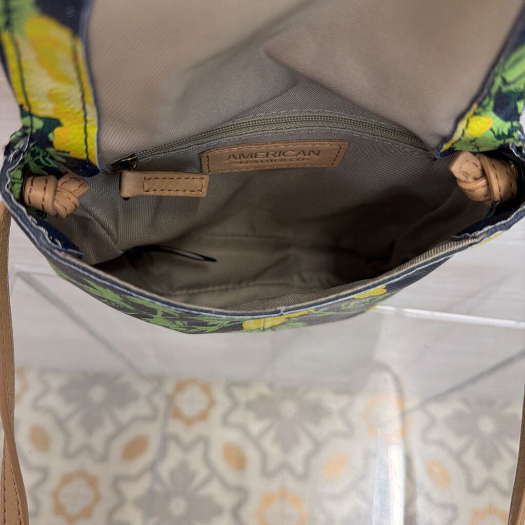 American Leather Co Navy/ YEllow Floral Pritn Hampton Zip Around Crossbody Purse