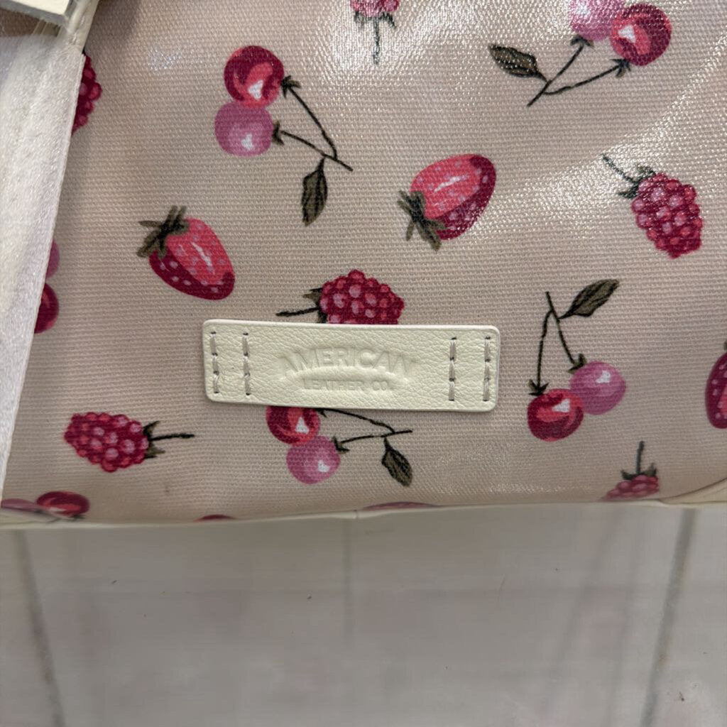 American Leather Co Cream/ Pink Strawberry/ Cherry Print Satchel Purse