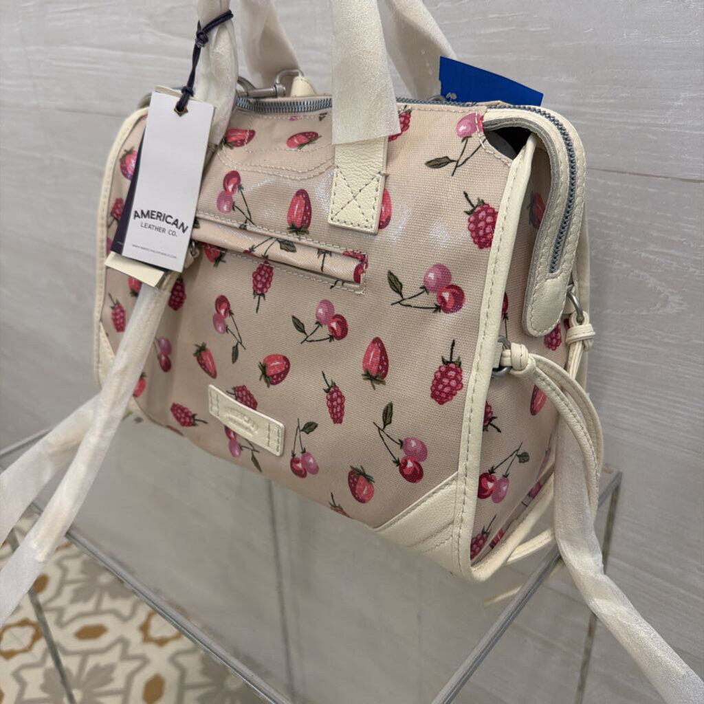 American Leather Co Cream/ Pink Strawberry/ Cherry Print Satchel Purse