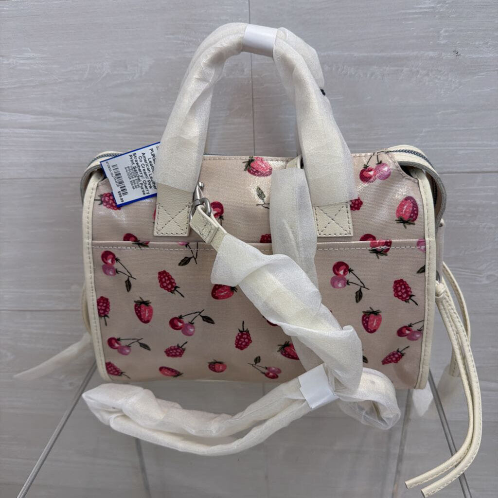 American Leather Co Cream/ Pink Strawberry/ Cherry Print Satchel Purse