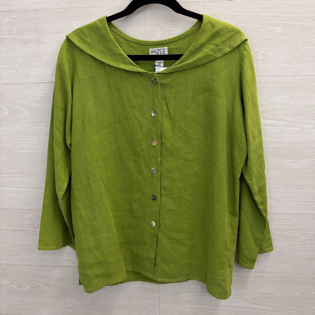 Just Jef Green 100% Linen Long Sleeve Button Front Top Extra Small