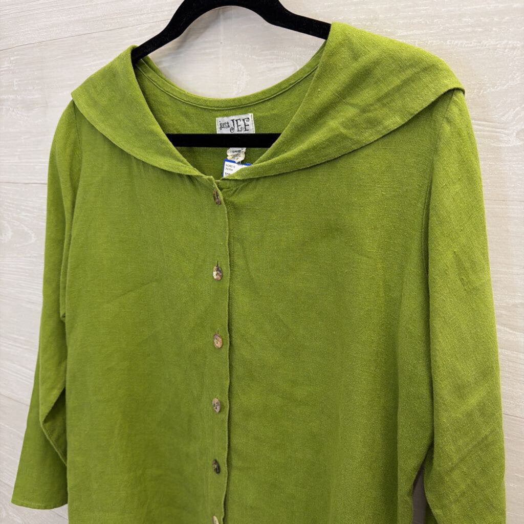 Just Jef Green 100% Linen Long Sleeve Button Front Top Extra Small