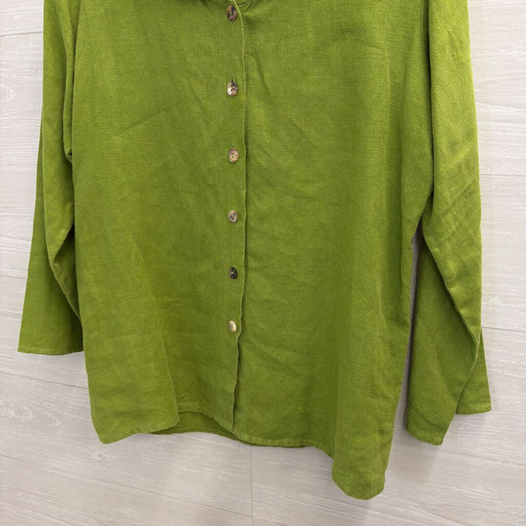Just Jef Green 100% Linen Long Sleeve Button Front Top Extra Small