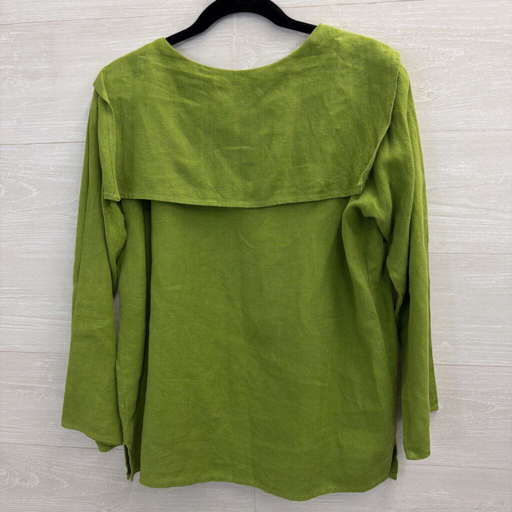 Just Jef Green 100% Linen Long Sleeve Button Front Top Extra Small