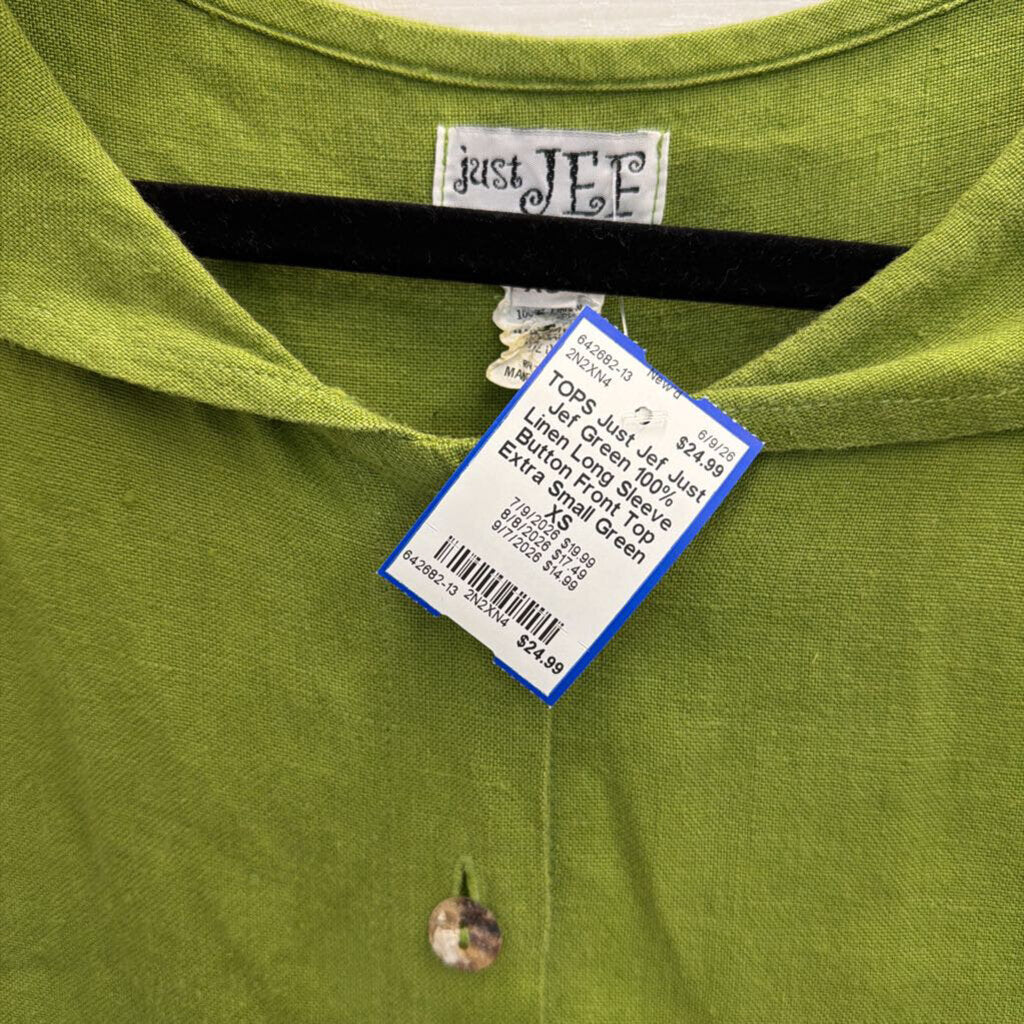 Just Jef Green 100% Linen Long Sleeve Button Front Top Extra Small