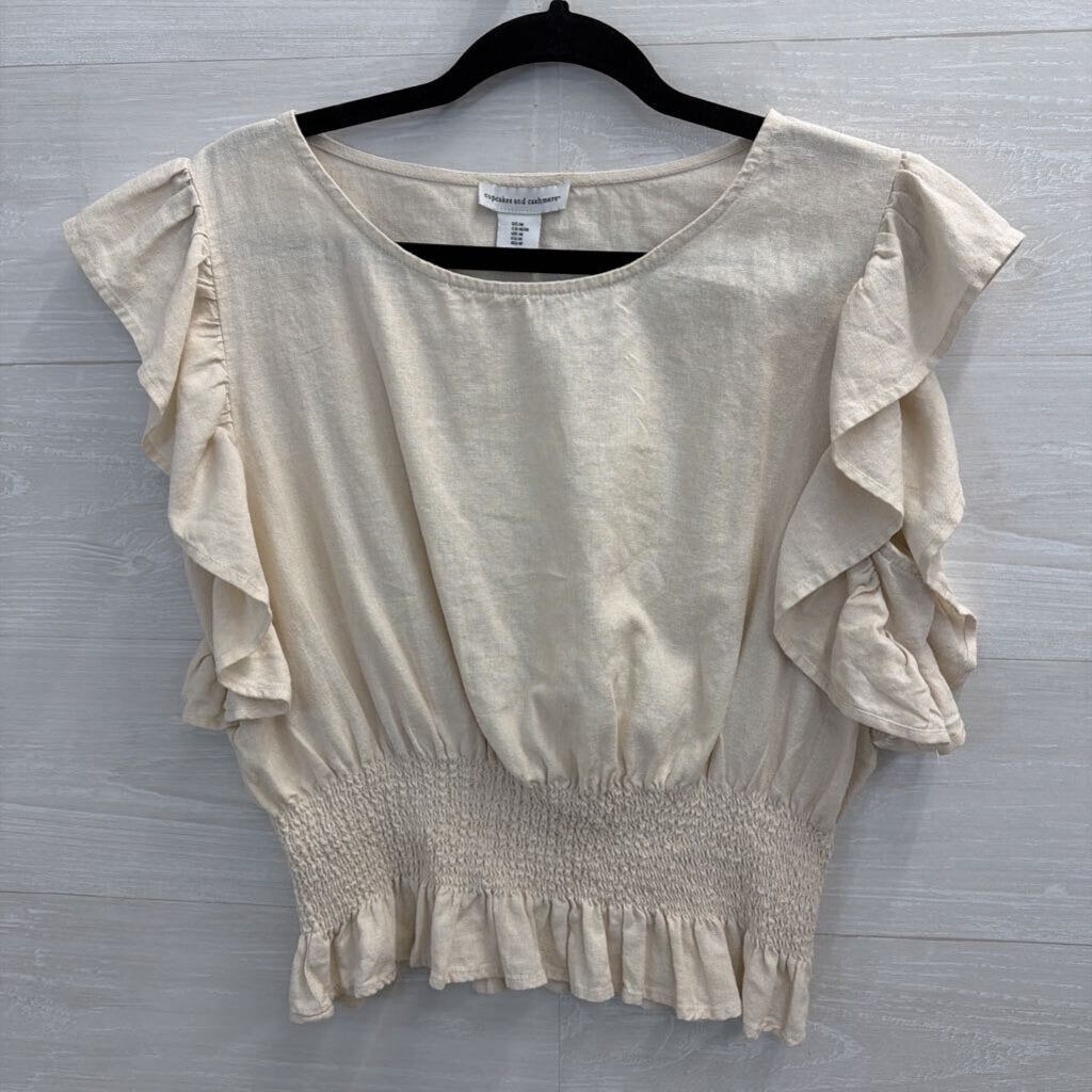 Cupcakes and Cashmere Beige Linen Blend Short Flutter Sleeve Top Medium