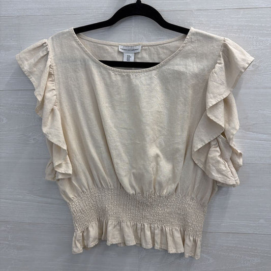 Cupcakes and Cashmere Beige Linen Blend Short Flutter Sleeve Top Medium