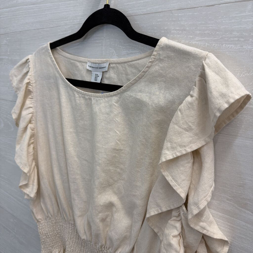 Cupcakes and Cashmere Beige Linen Blend Short Flutter Sleeve Top Medium