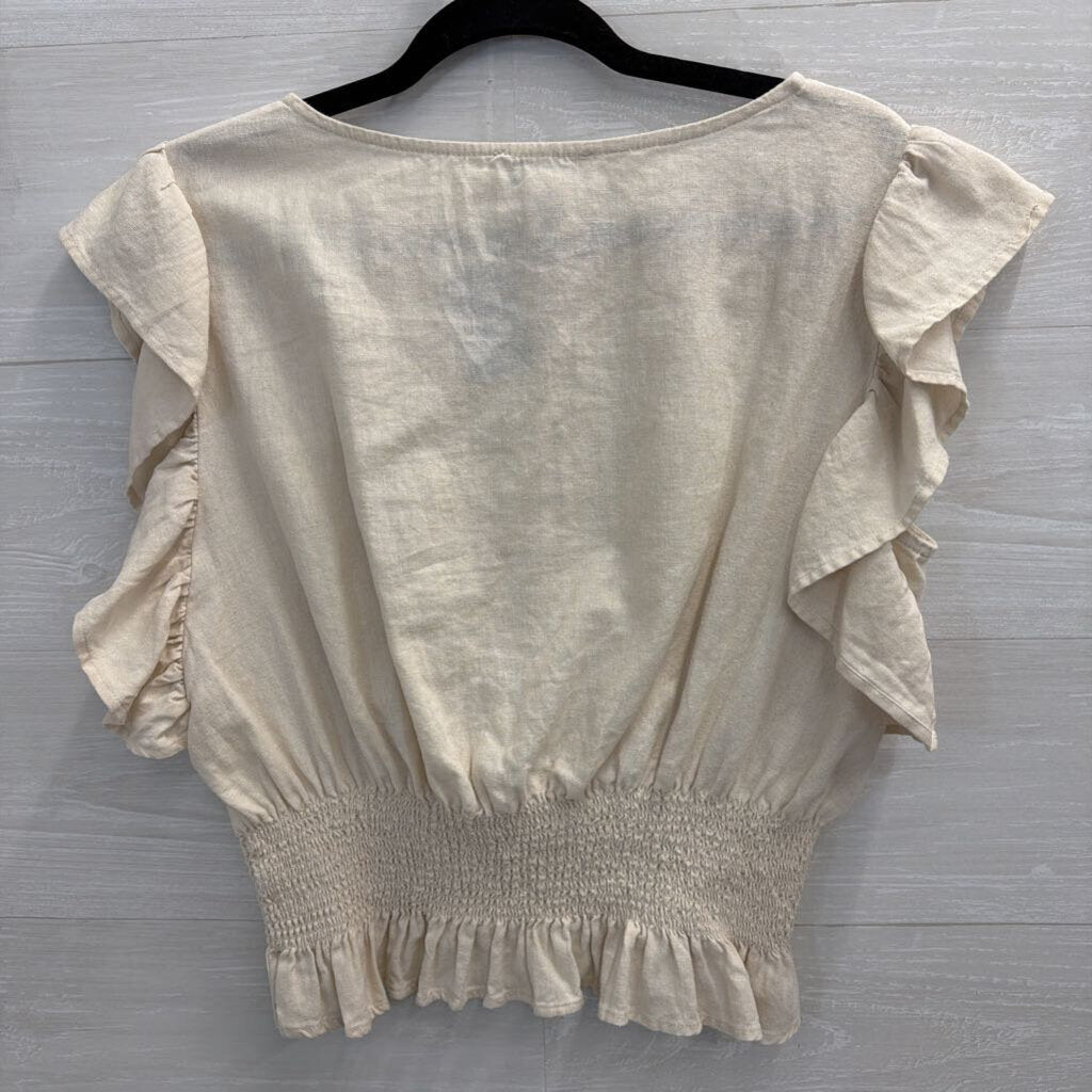 Cupcakes and Cashmere Beige Linen Blend Short Flutter Sleeve Top Medium