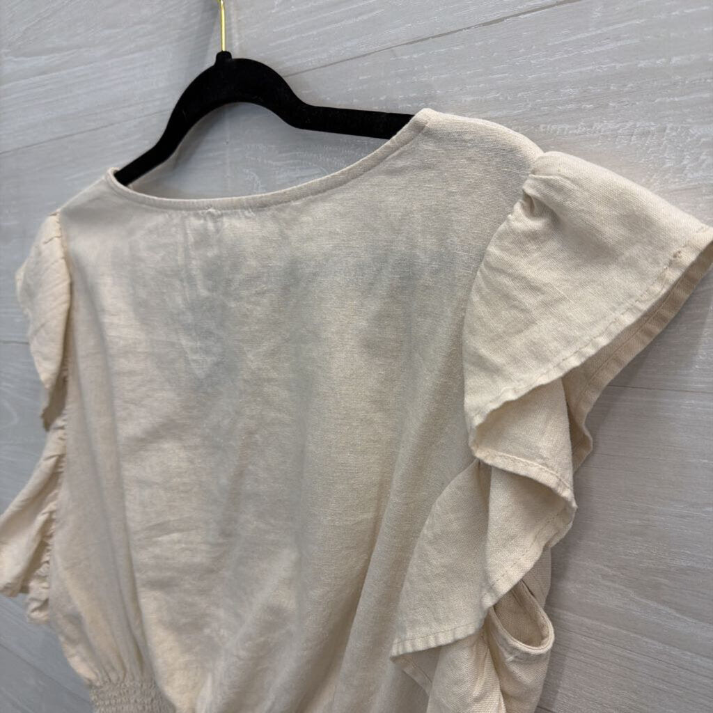 Cupcakes and Cashmere Beige Linen Blend Short Flutter Sleeve Top Medium