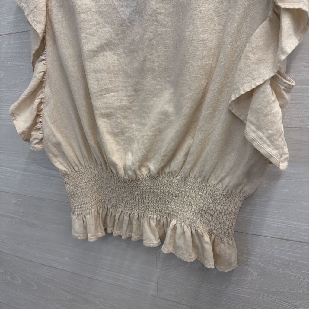 Cupcakes and Cashmere Beige Linen Blend Short Flutter Sleeve Top Medium