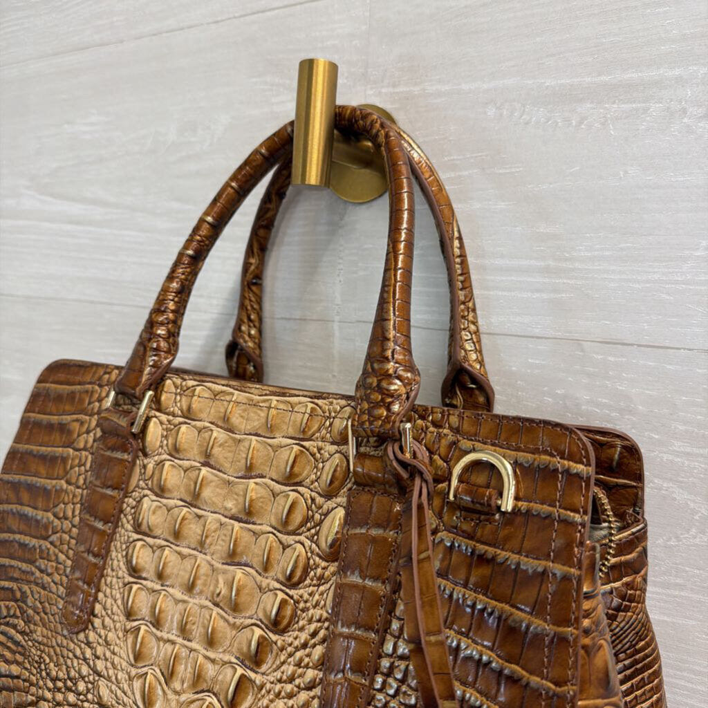 Brahmin Brown Crocodile Embossed Leather Finley Satchel Purse