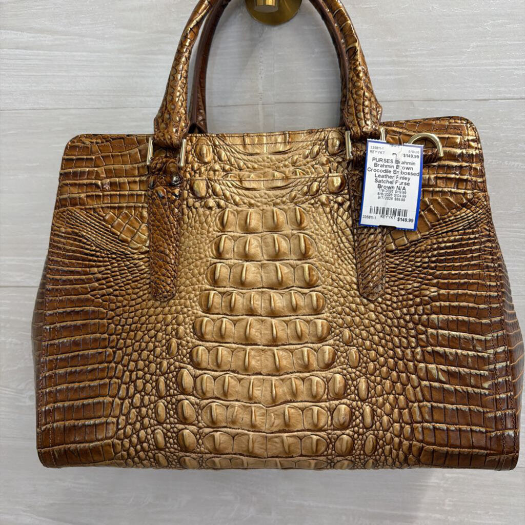 Brahmin Brown Crocodile Embossed Leather Finley Satchel Purse