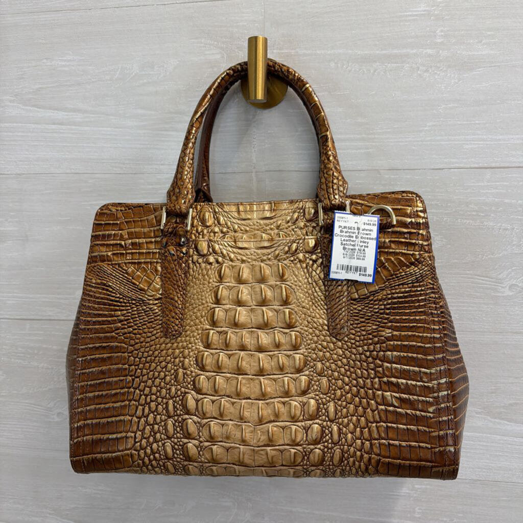 Brahmin Brown Crocodile Embossed Leather Finley Satchel Purse