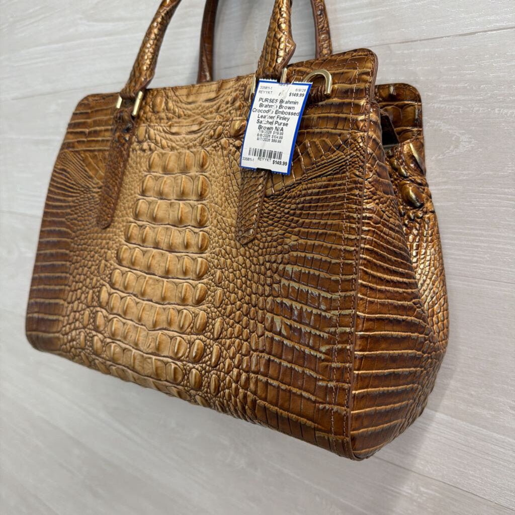 Brahmin Brown Crocodile Embossed Leather Finley Satchel Purse