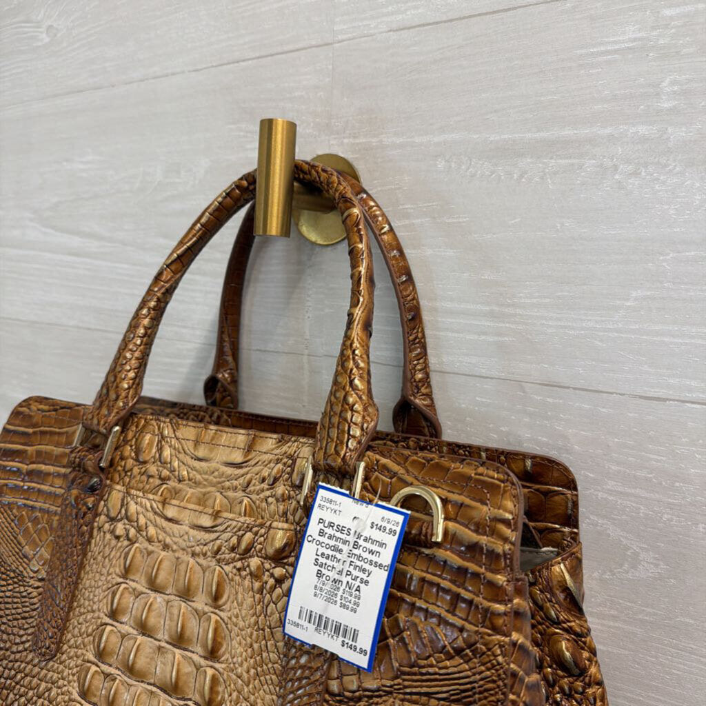 Brahmin Brown Crocodile Embossed Leather Finley Satchel Purse