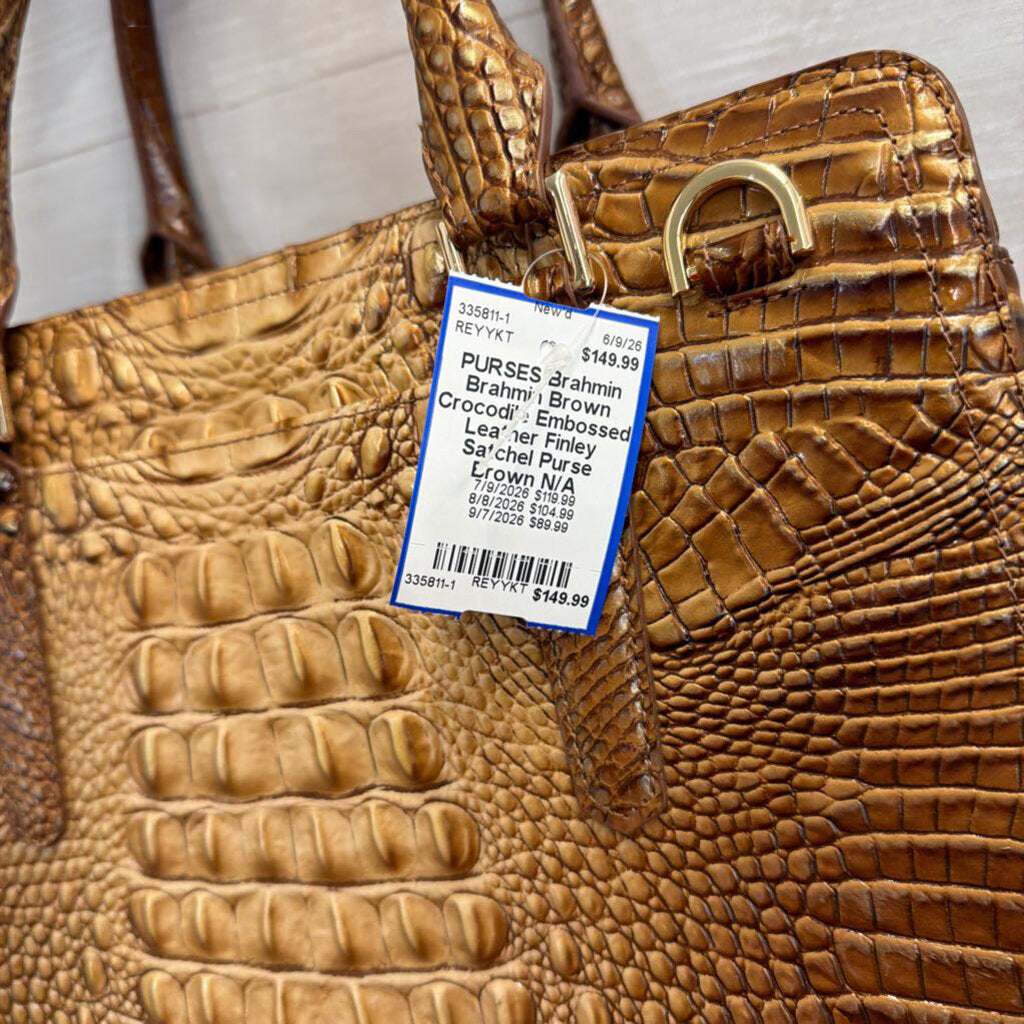 Brahmin Brown Crocodile Embossed Leather Finley Satchel Purse