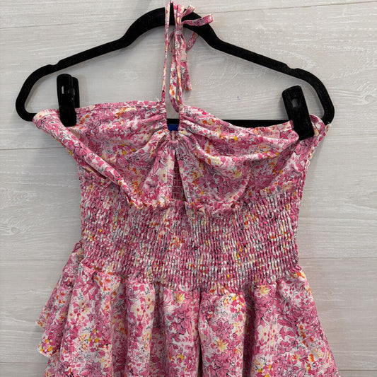 Pink Floral Print Smocked Waist Halter Dress Large
