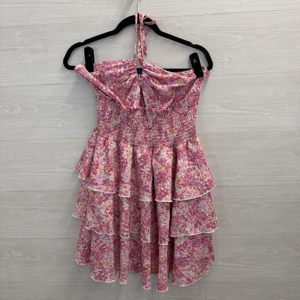 Pink Floral Print Smocked Waist Halter Dress Large