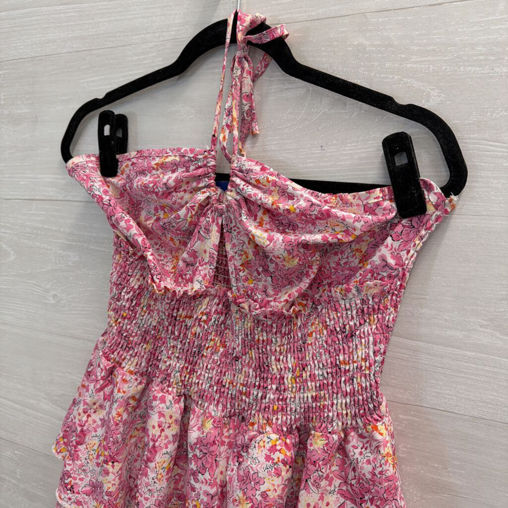 Pink Floral Print Smocked Waist Halter Dress Large
