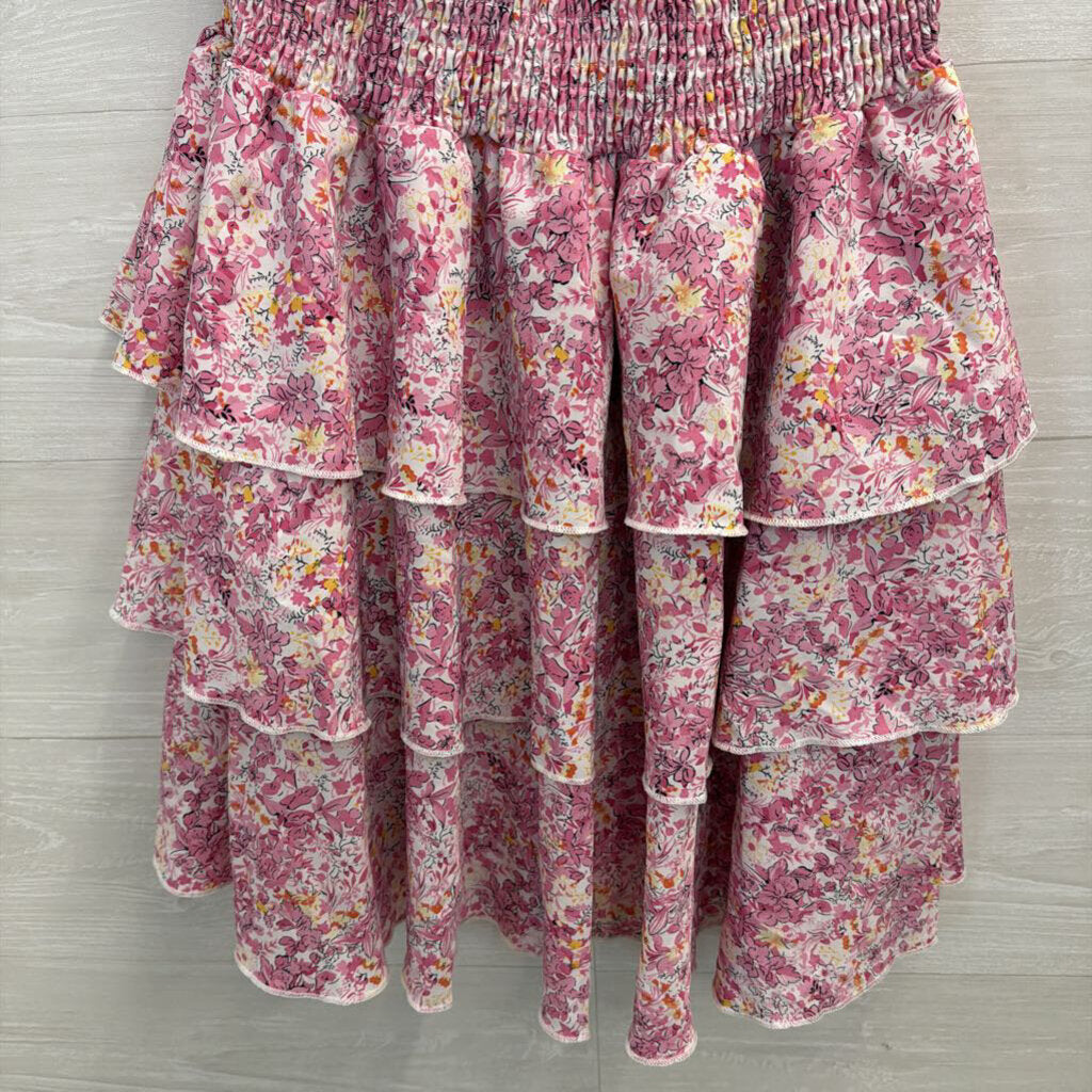 Pink Floral Print Smocked Waist Halter Dress Large