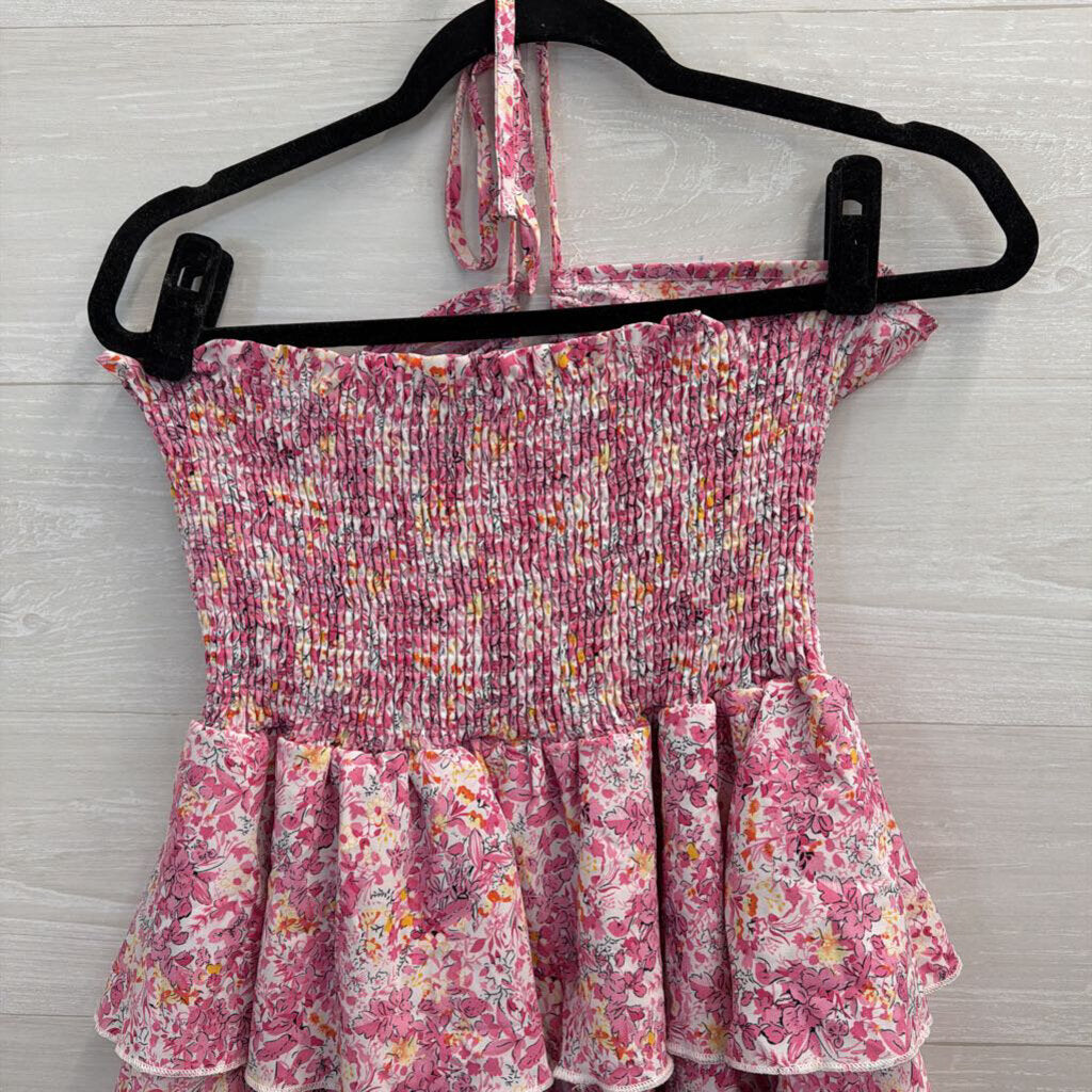 Pink Floral Print Smocked Waist Halter Dress Large