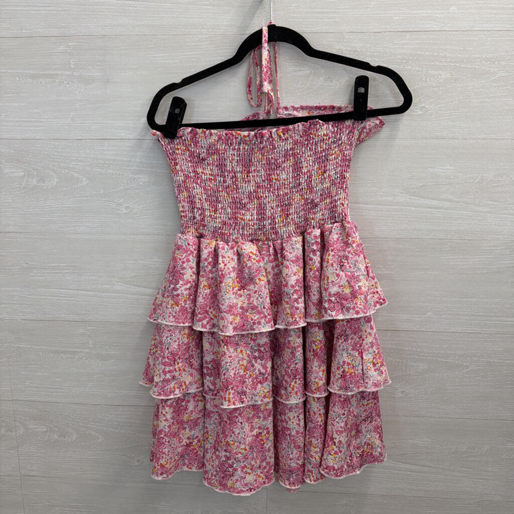 Pink Floral Print Smocked Waist Halter Dress Large