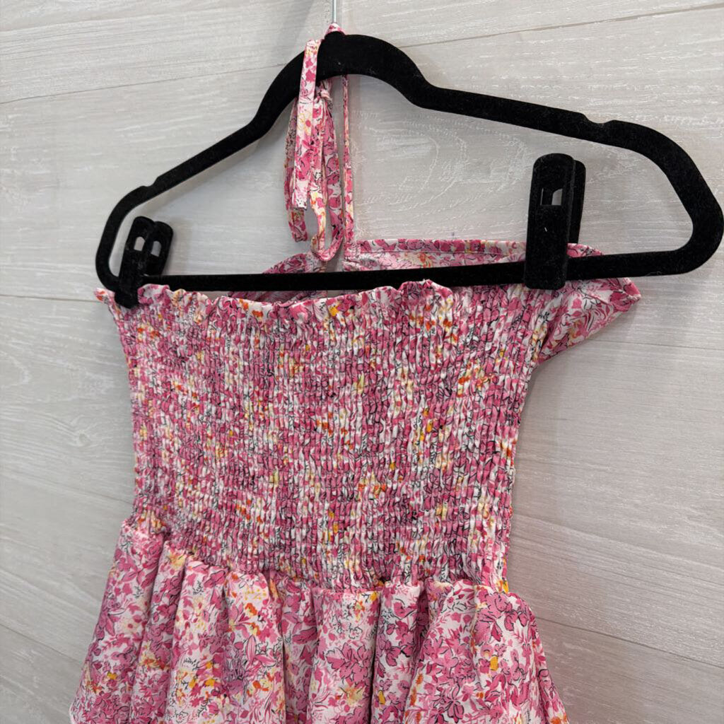 Pink Floral Print Smocked Waist Halter Dress Large