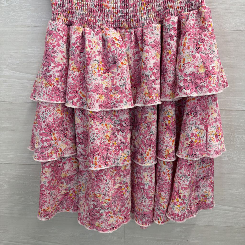 Pink Floral Print Smocked Waist Halter Dress Large