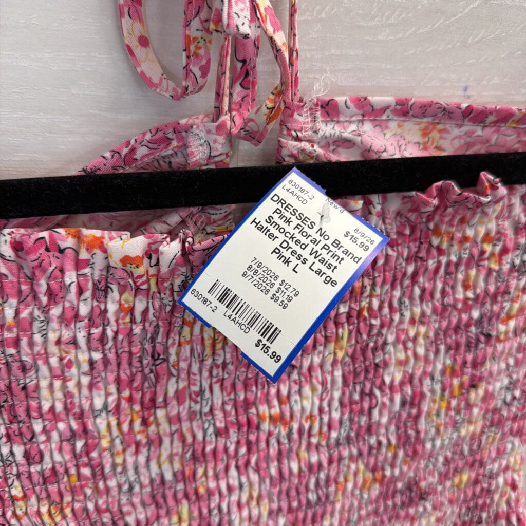 Pink Floral Print Smocked Waist Halter Dress Large