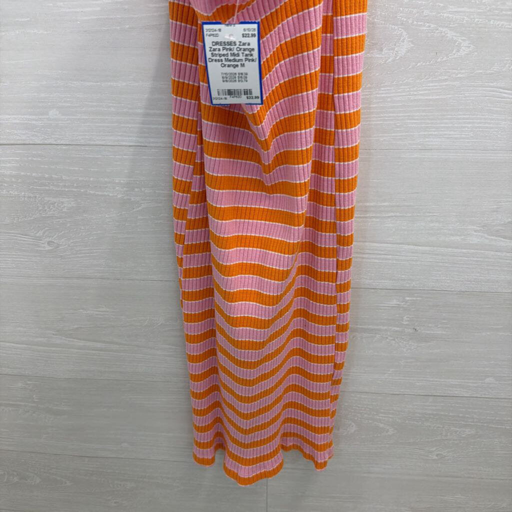 Zara Pink/ Orange Striped Midi Tank Dress Medium
