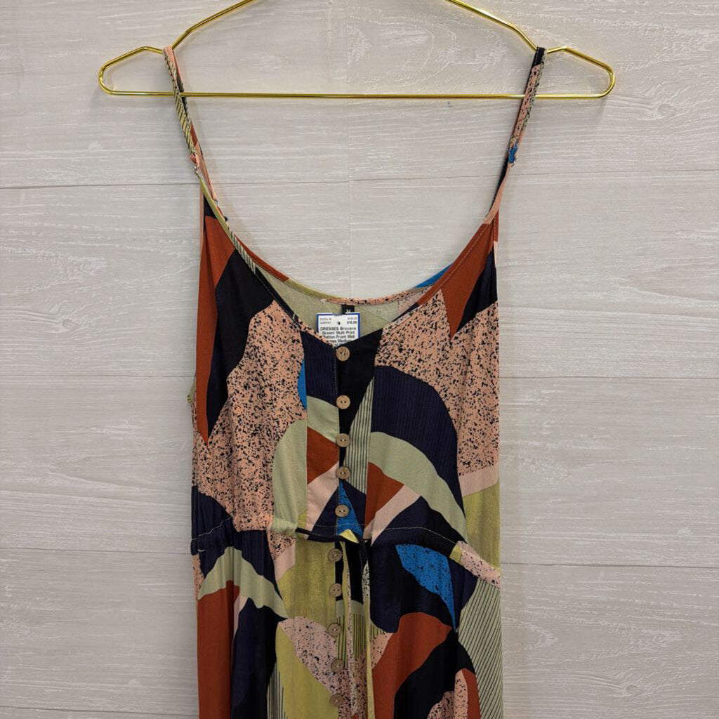 Green/ Multi Print Button Front Midi Dress Medium