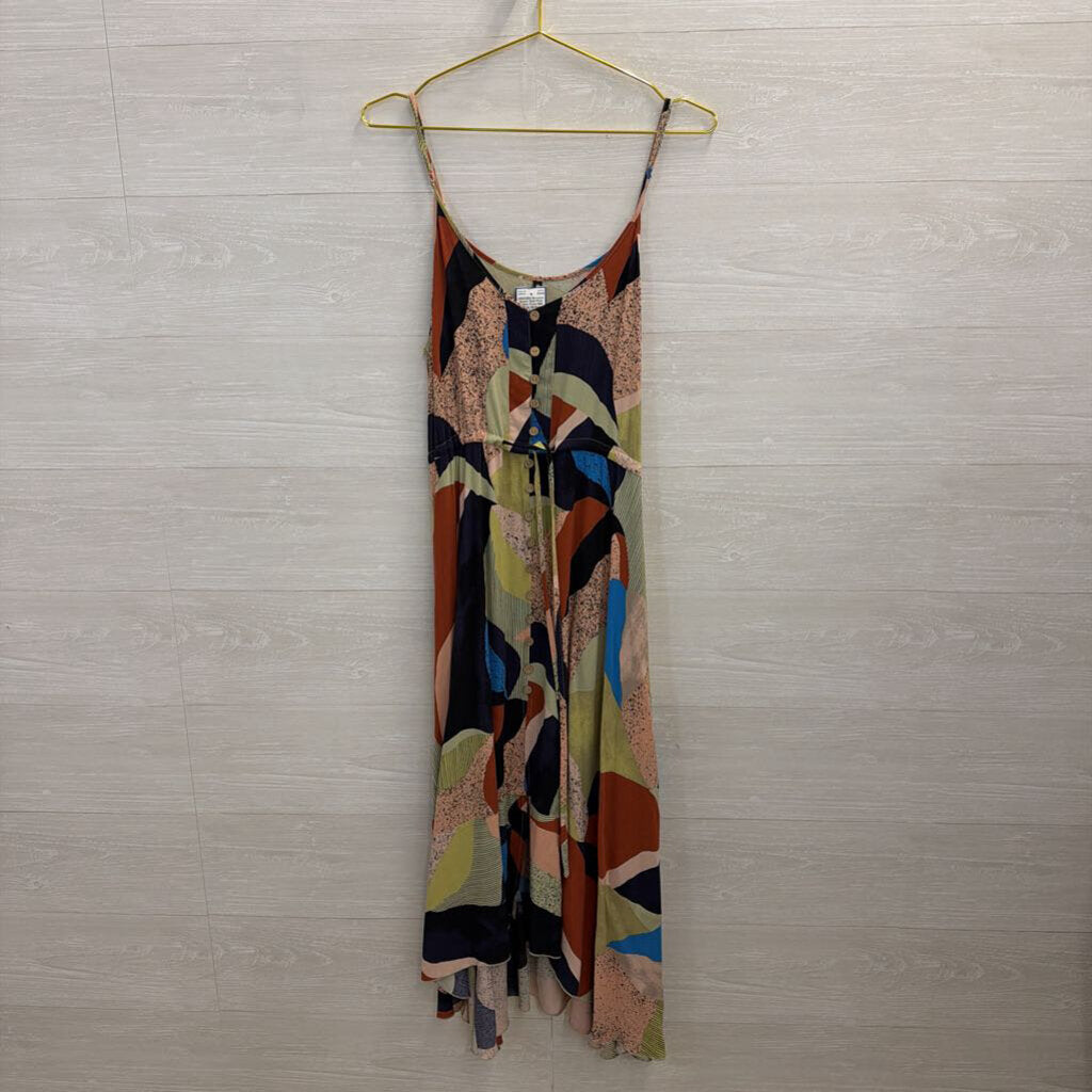 Green/ Multi Print Button Front Midi Dress Medium