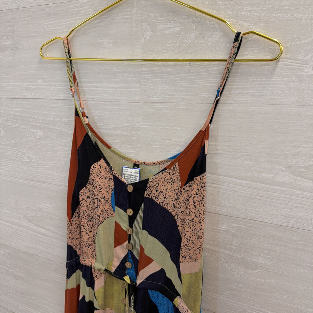 Green/ Multi Print Button Front Midi Dress Medium