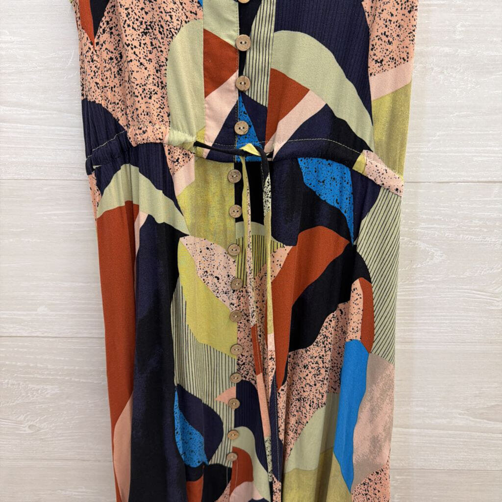 Green/ Multi Print Button Front Midi Dress Medium